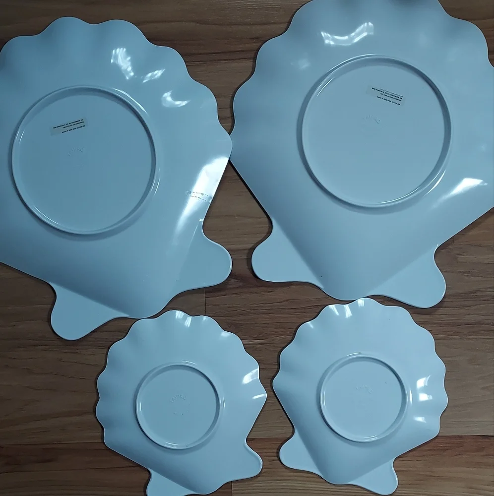 Blue Stripe Taipro Sea Shell Melamine Picnic Platters Plates Beach Set Of 4 Vtg